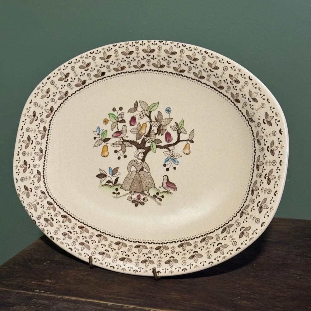 Johnson Brothers Sugar and Spice Oval Platter Ironstone England Folk Art Tree